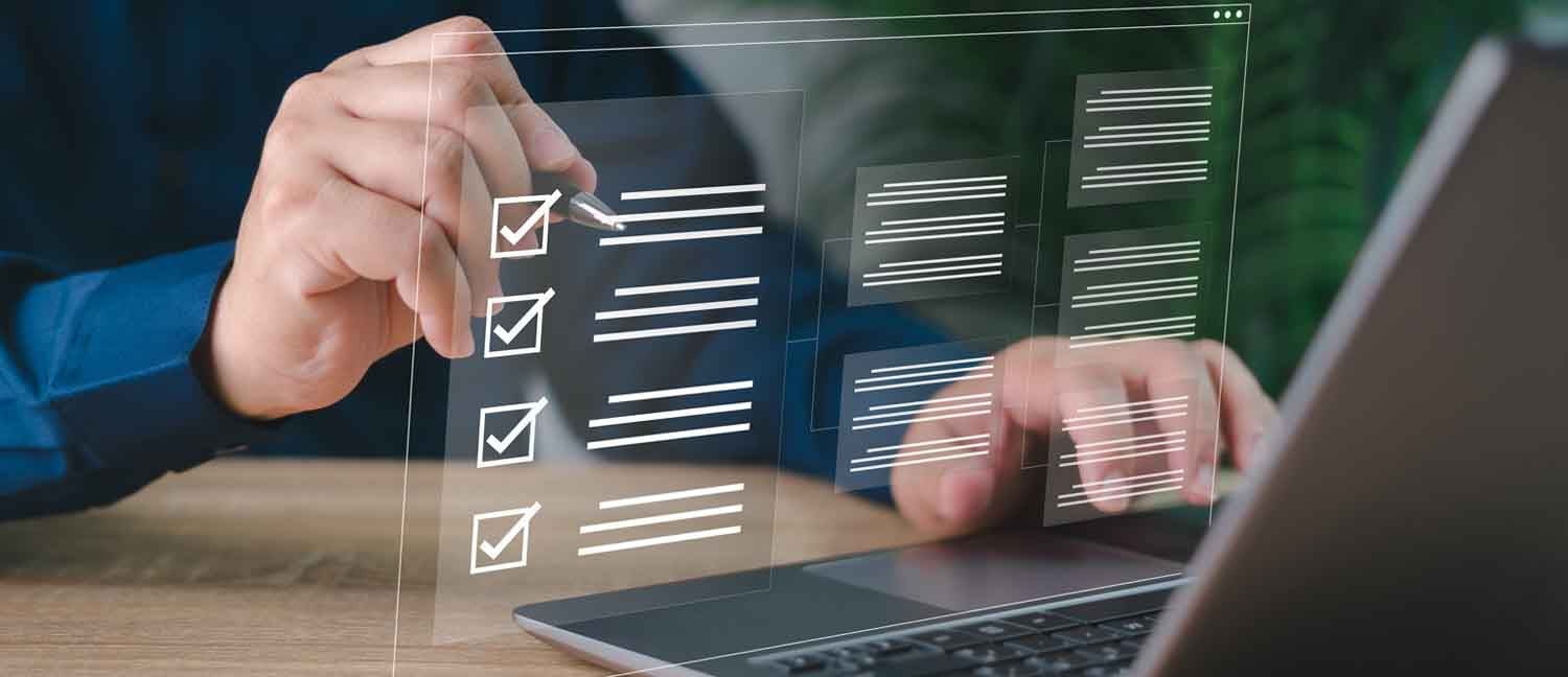 Electronic smart checklist and document on virtual screens concept, business people check electronic documents on digital documents, paperless offices,working on borderless communication technology