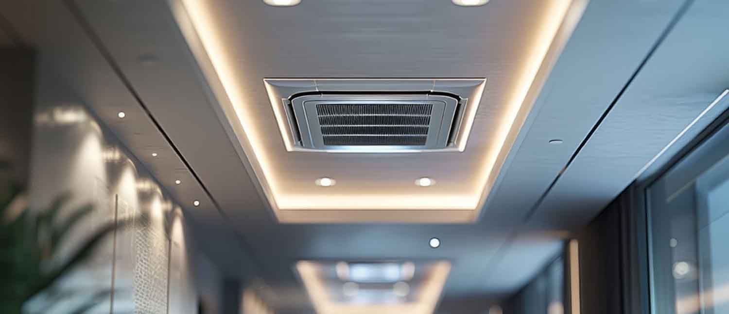 Brightly lit room featuring a ceiling-mounted air conditioner.