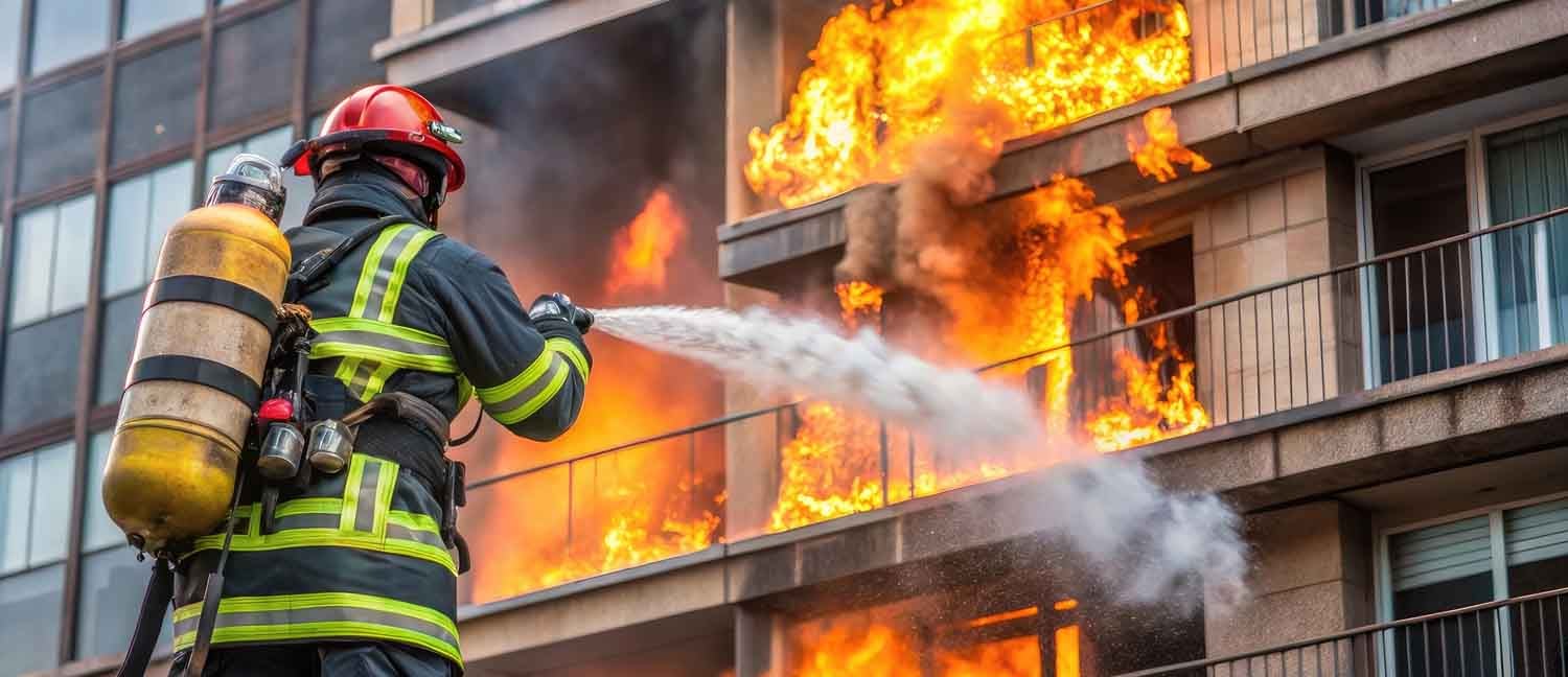 Fireman battling blaze in city street near old building with smo Fireman battling blaze in city street near old building with smo