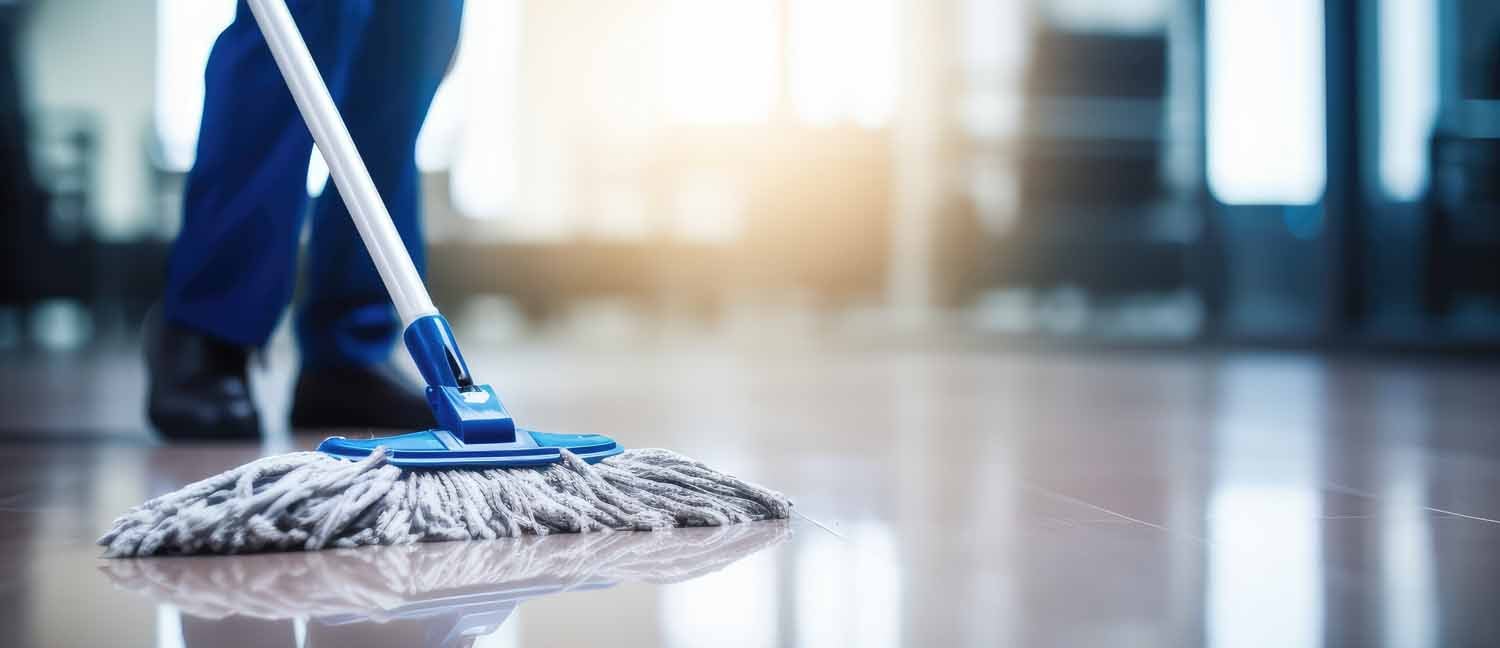 Janitor Mopping an Office Floor, Mop Close-Up, Cleaner Works, Janitorial Cleans the Floors, Cleaning Concept, Generative AI Illustration