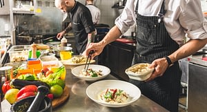 Commercial catering equipment in a kitchen