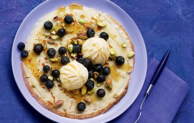 Creative Pancake Toppings: Blueberry, Pistachio & Maple Syrup Pancakes