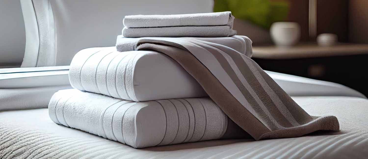 Fresh towels on bed in hotel room created with AI
