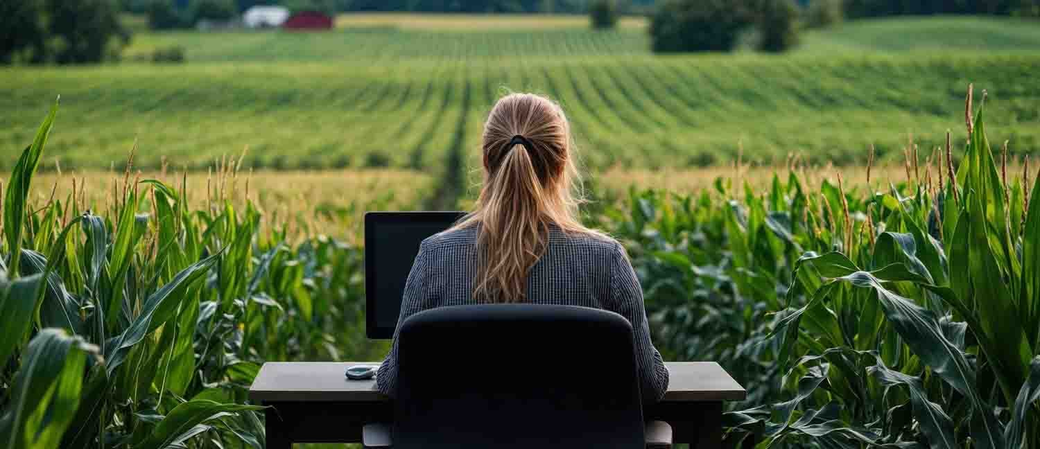 Female farmer working remotely with laptop in corn field